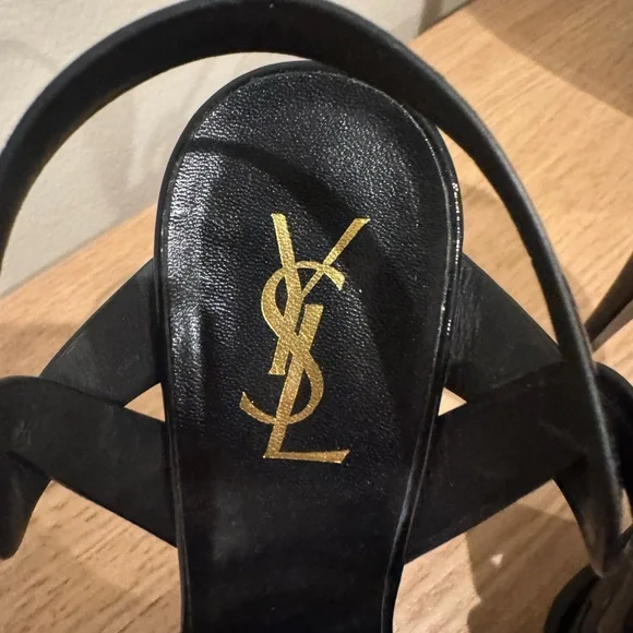 Saint Laurent Black Patent T-Strap Heels with Gold Logo - Picture 3 of 16